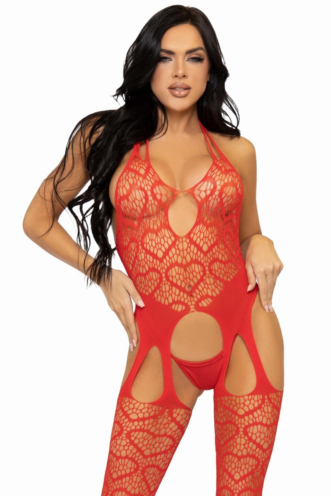 Leg Avenue Seamless Heart Net Suspender Bodystocking in Red  from SexyShoes.com