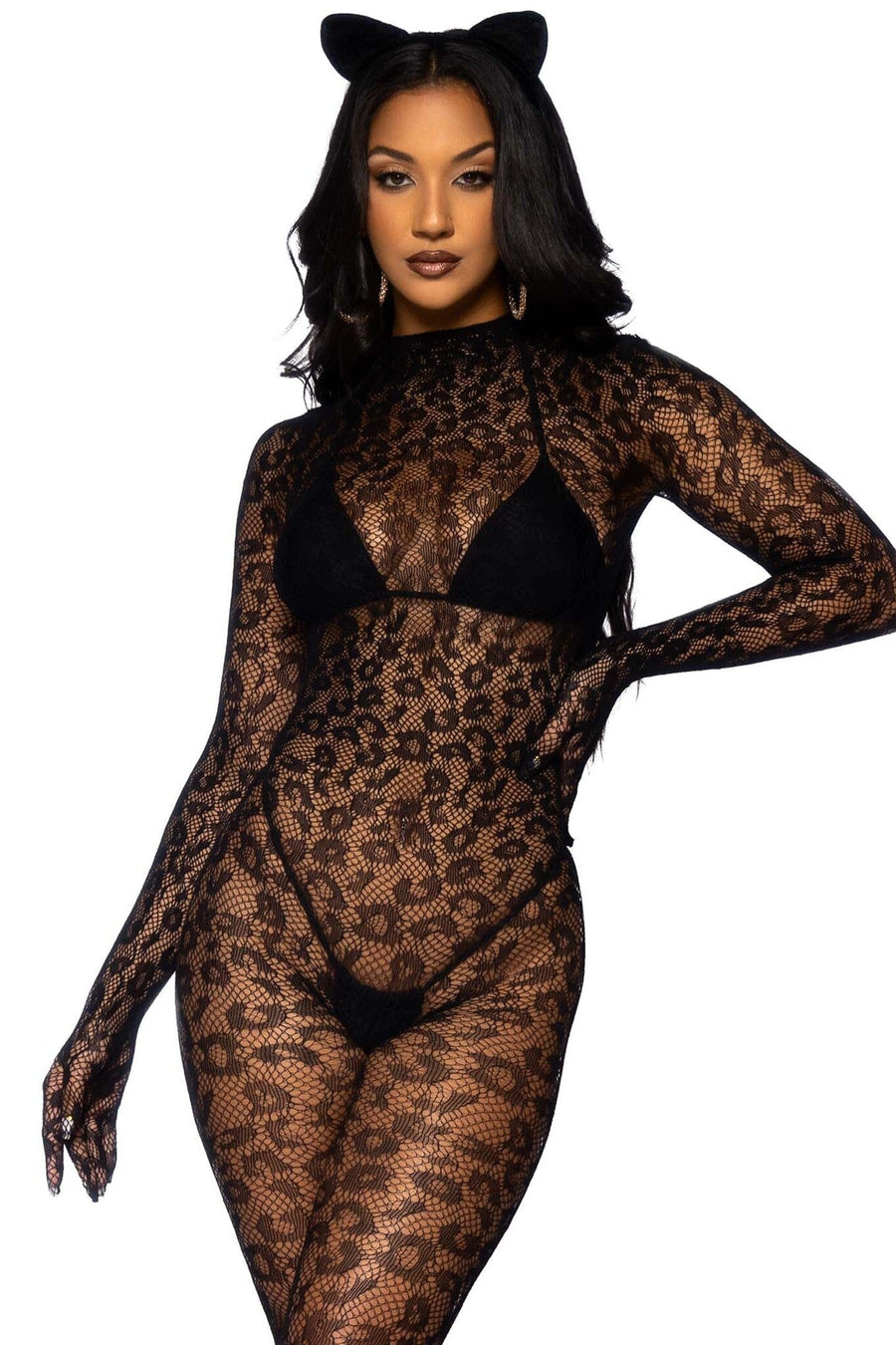 Seamless Leopard Net Gloved Catsuit-Bodystockings-SEXYSHOES.COM