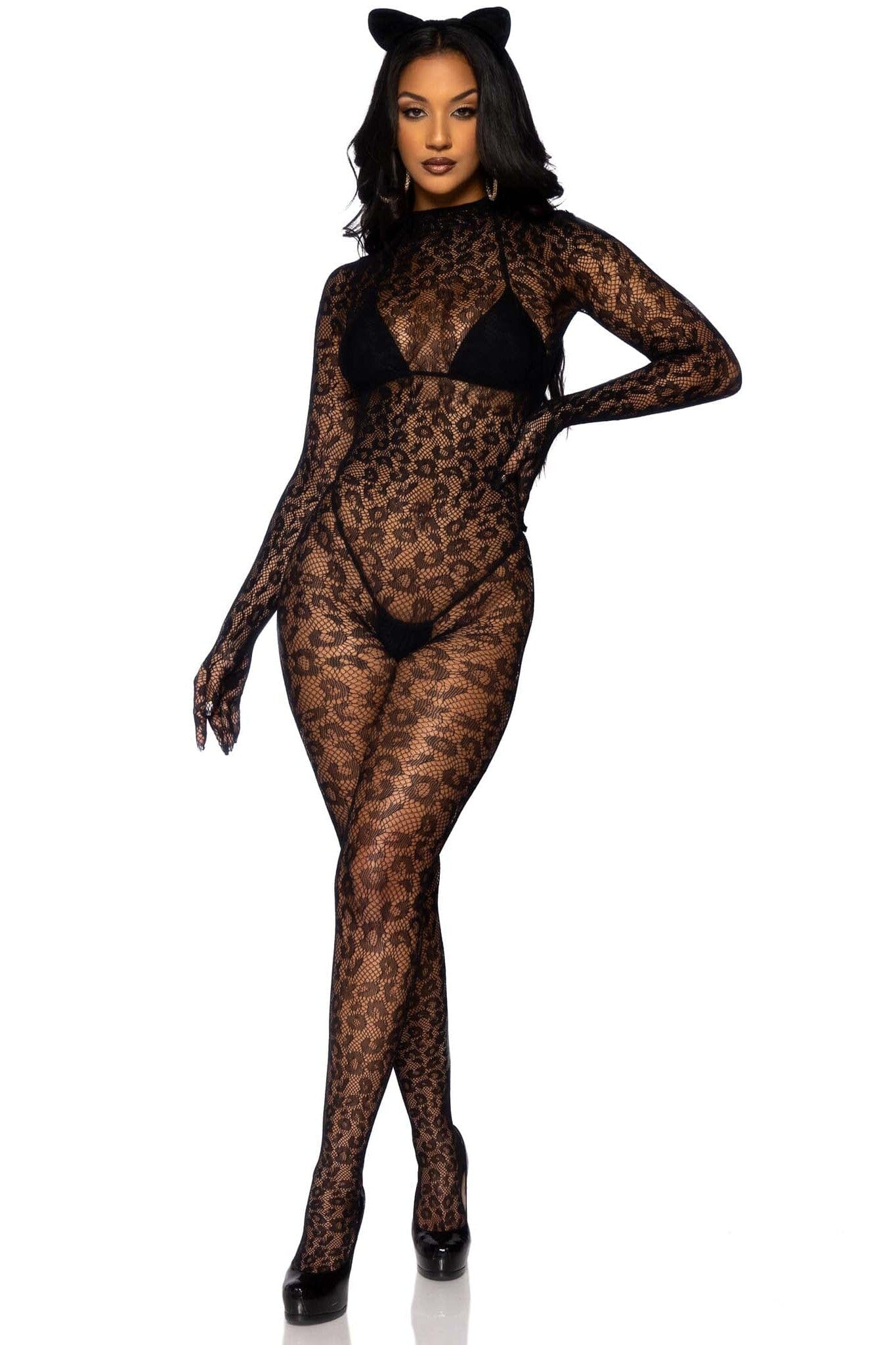 Seamless Leopard Net Gloved Catsuit-Bodystockings-SEXYSHOES.COM