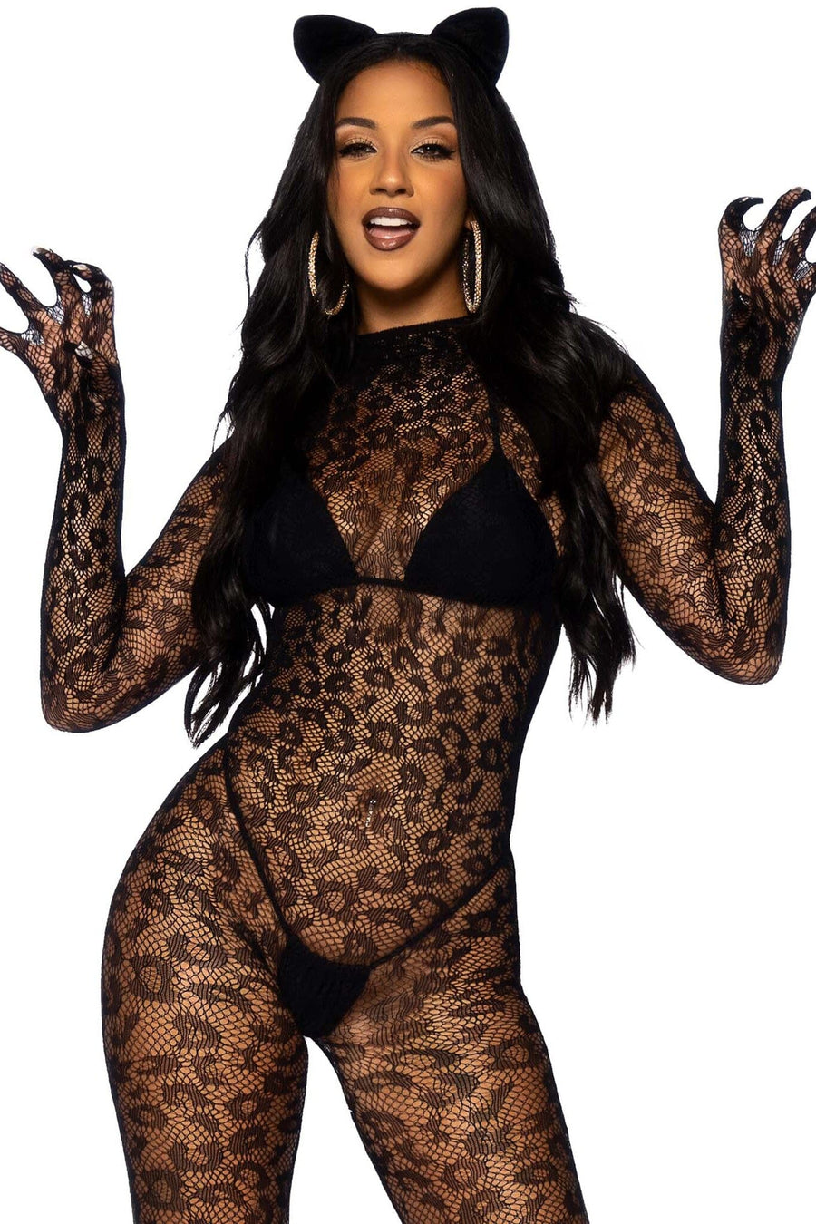 Seamless Leopard Net Gloved Catsuit-Bodystockings-SEXYSHOES.COM