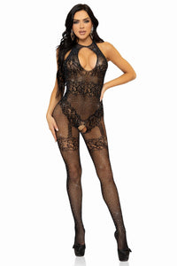 Seamless Rhinestone Fishnet Bodystocking, Keyhole, Lace Detal-Bodystockings-SEXYSHOES.COM