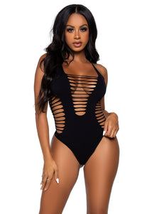 Leg Avenue Seamless Shredded Racer Back Thong Bodysuit in Black  from SexyShoes.com