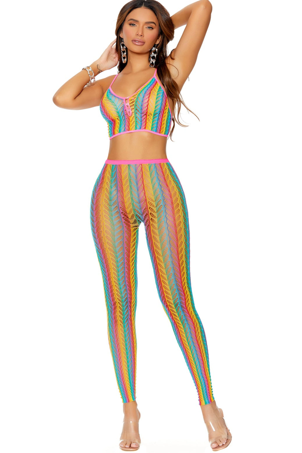 Elegant Moments Seductive Crochet Net Button Cami and Leggings Set in Multi  from SexyShoes.com