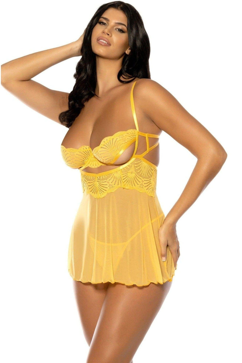 Oh La La Cheri Seductive Peek a Boo Babydoll Set in Yellow 