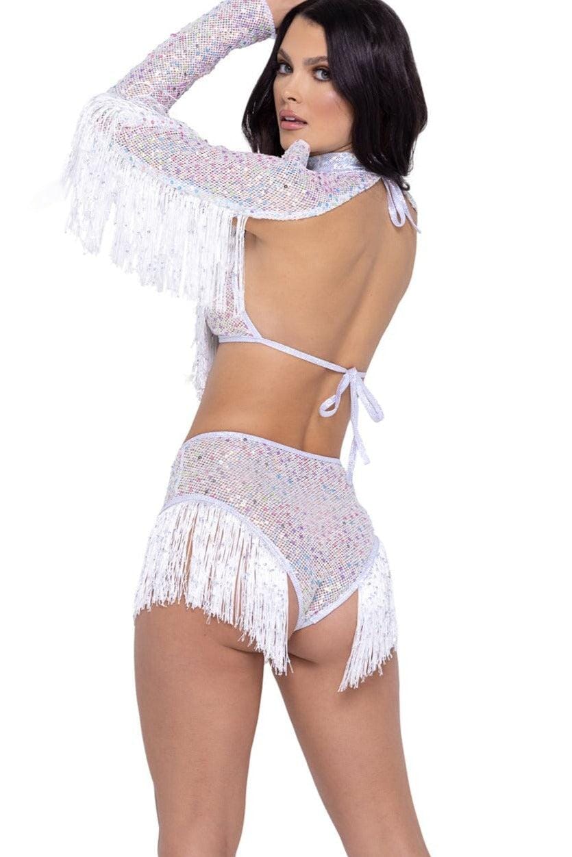 Sequin Fishnet Shrug with Fringe Detail-Sexy Tops-SEXYSHOES.COM