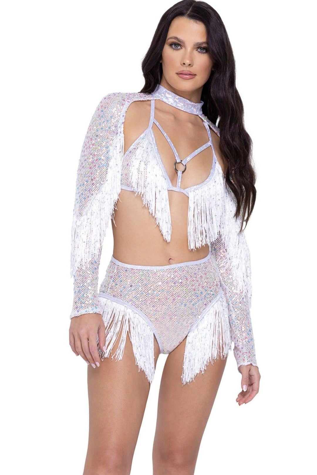 Sequin Fishnet Shrug with Fringe Detail-Sexy Tops-SEXYSHOES.COM