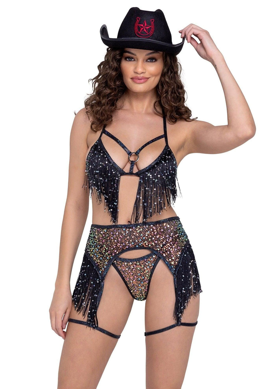 Sequin Fishnet Triangle Tie Top with Sequin Fringe Detail-Sexy Tops-SEXYSHOES.COM