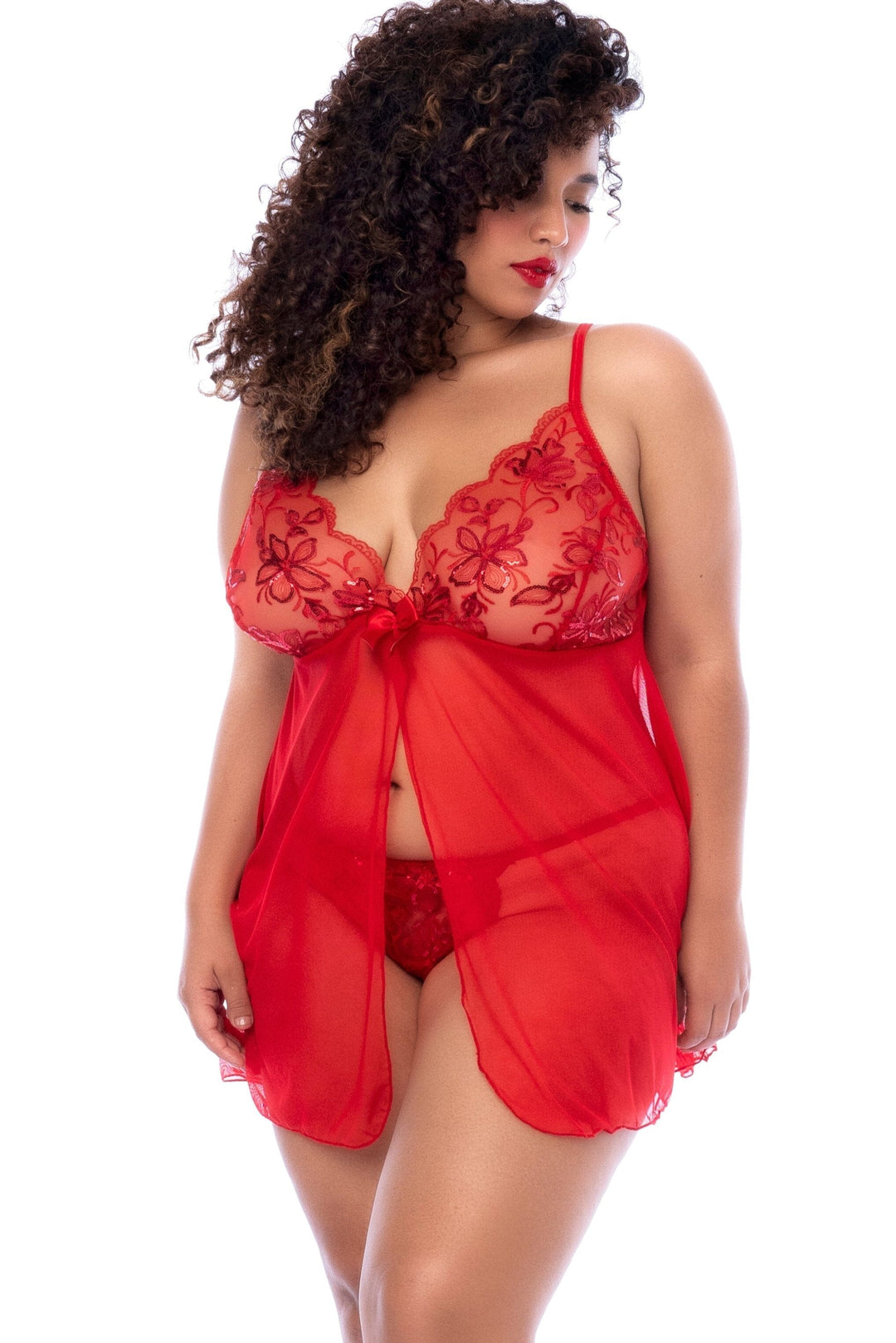 Mapale Sequin Floral Lace Babydoll with Open Front & Matching Thong in Red  from SexyShoes.com