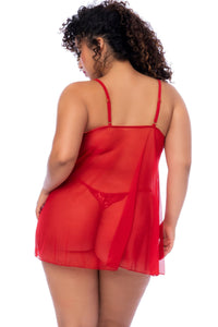 Mapale Sequin Floral Lace Babydoll with Open Front & Matching Thong in Red 