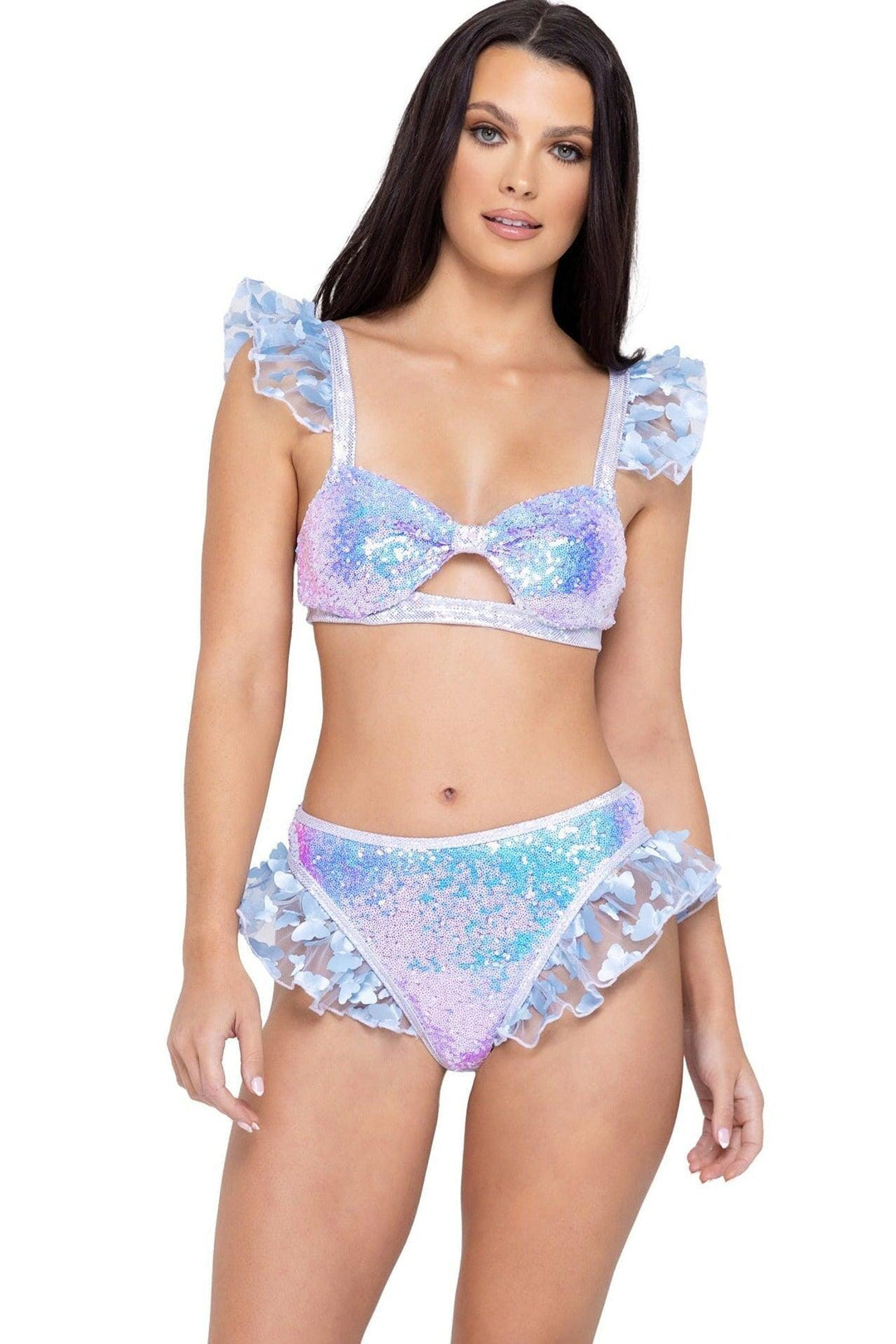 Sequin Keyhole Top with Butterfly Ruffle Trim-Sexy Tops-SEXYSHOES.COM