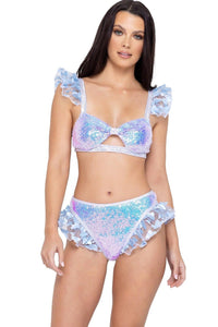 Sequin Keyhole Top with Butterfly Ruffle Trim-Sexy Tops-SEXYSHOES.COM