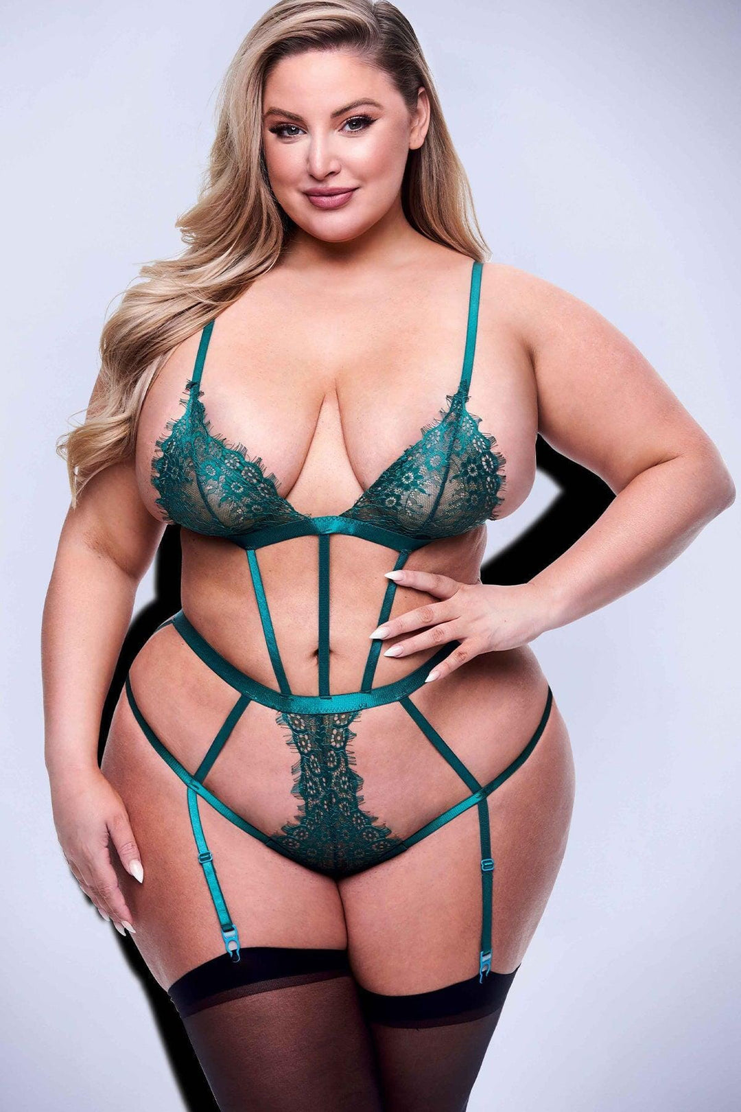 Baci Lingerie Sexy Strappy Lace Teddy With Garters in Green  from SexyShoes.com