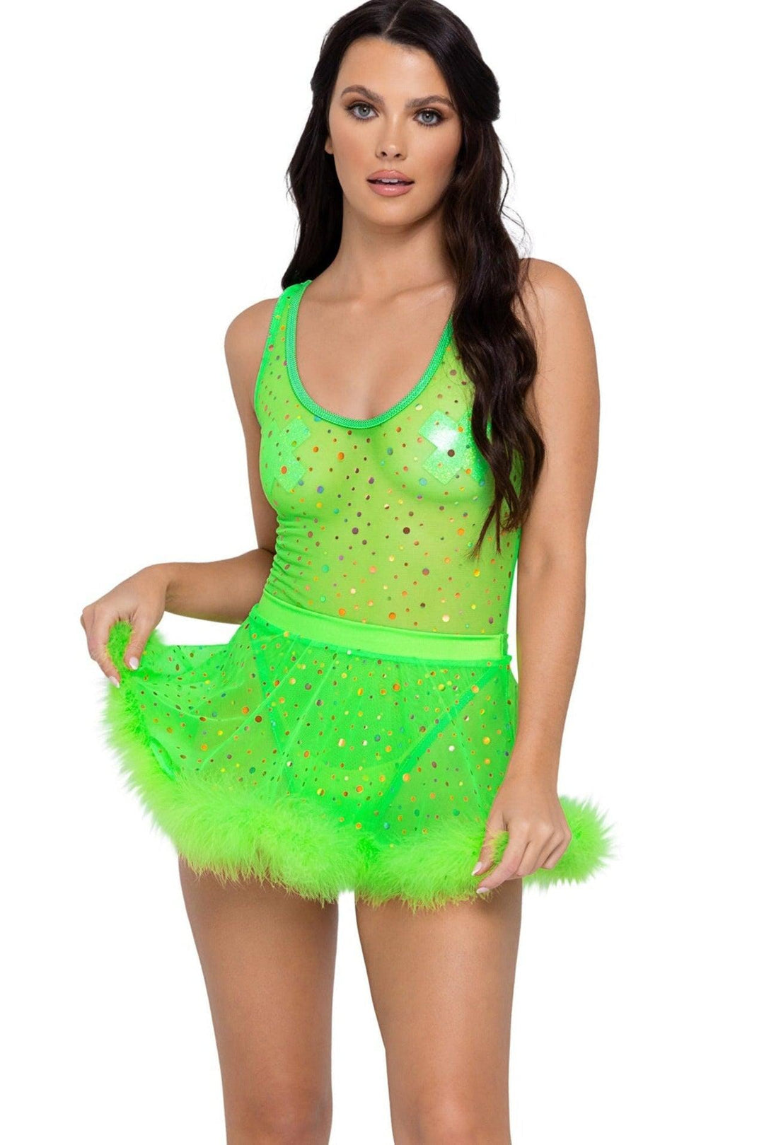 Sheer Dotted Skirt with Marabou Trim-Mini Skirts-SEXYSHOES.COM