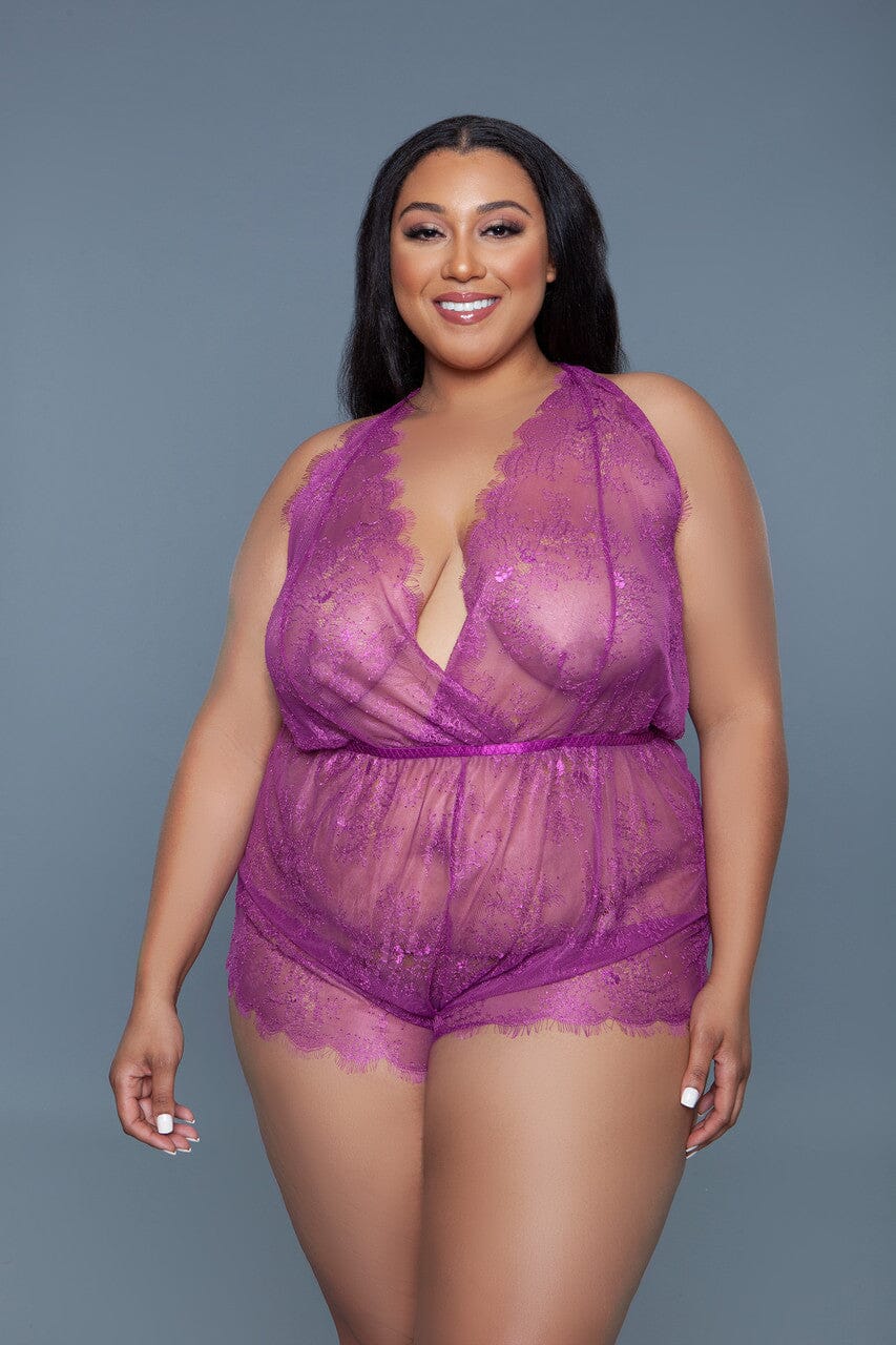 BeWicked Sheer Eyelash Lace Romper in Burgundy  from SexyShoes.com