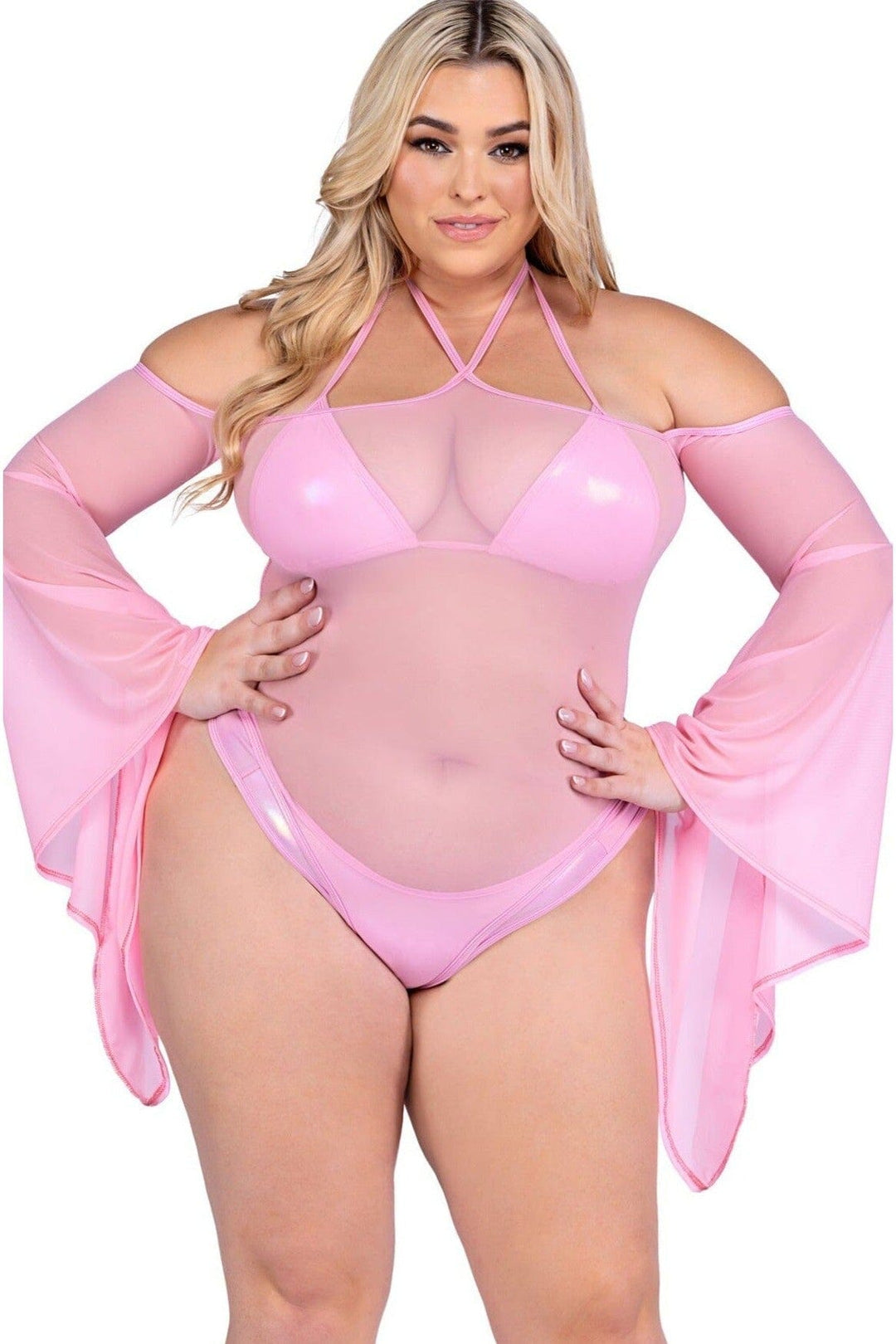 Roma Confidential Sheer Mesh Romper with Bell Sleeves in Pink 