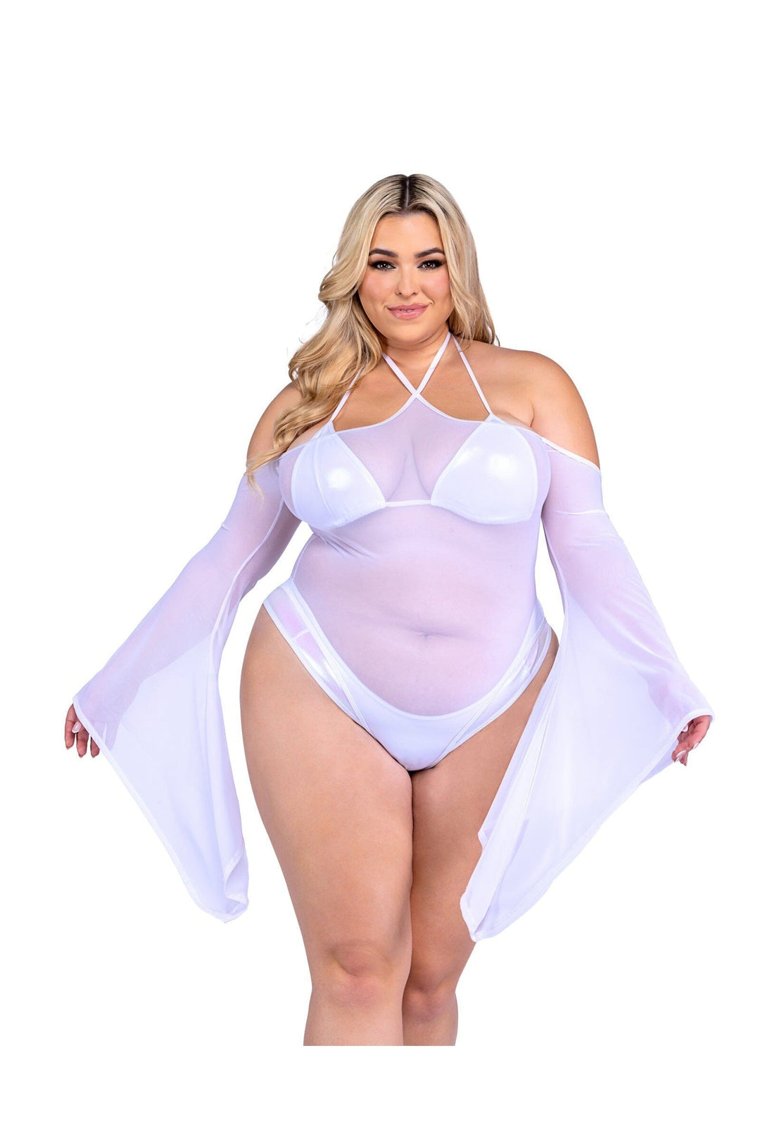 Roma Confidential Sheer Mesh Romper with Bell Sleeves in White 