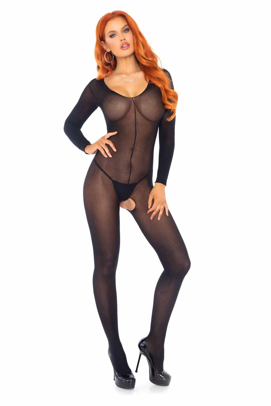 Sheer Seemless Long Sleeved Bodystocking-Bodystockings-SEXYSHOES.COM
