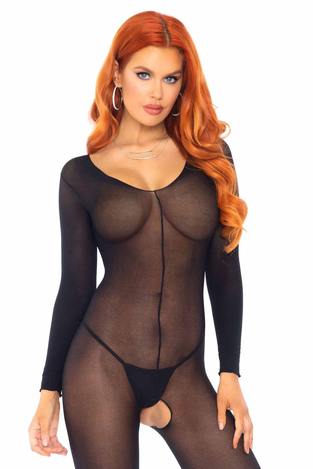 Leg Avenue Sheer Seemless Long Sleeved Bodystocking in Black  from SexyShoes.com