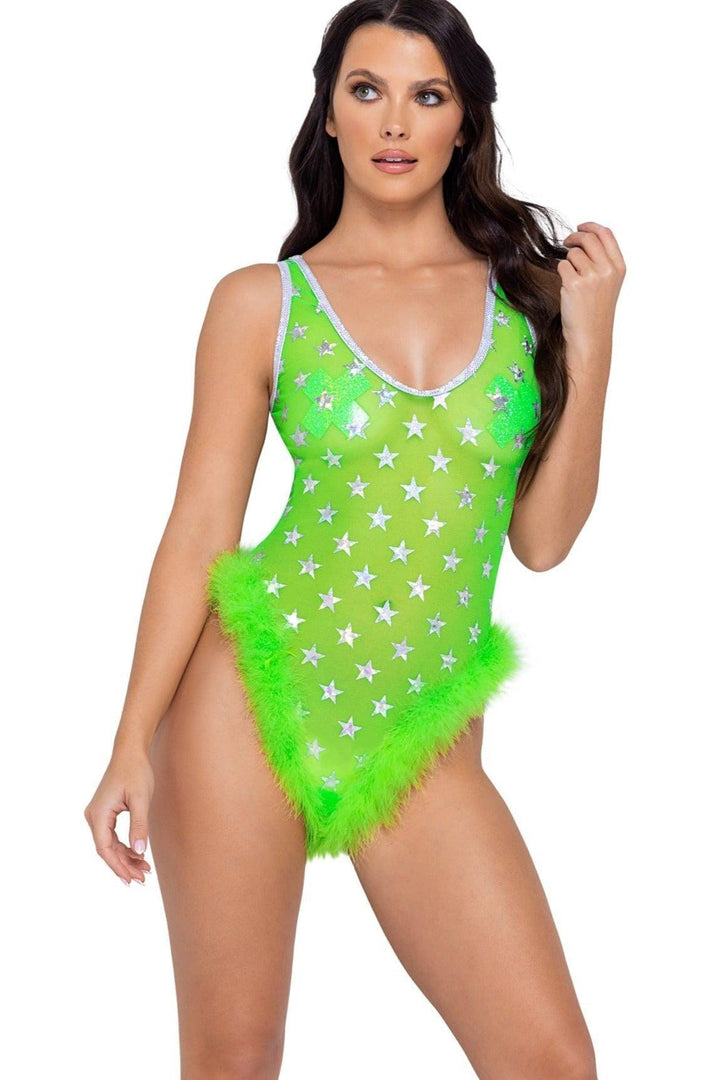 Sheer Stars Romper with Marabou Trim