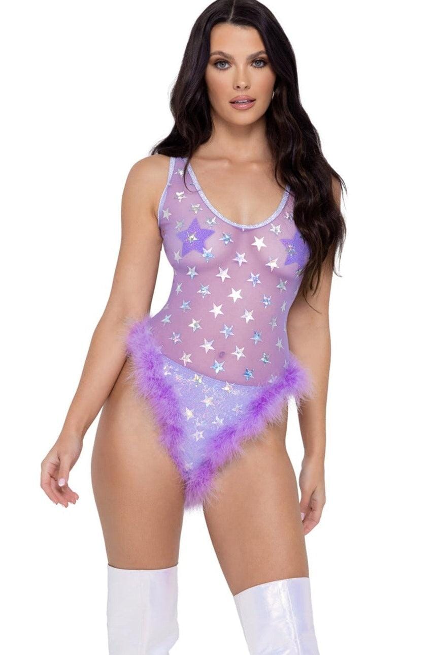 Roma Dancewear Sheer Stars Romper with Marabou Trim in Purple  from SexyShoes.com