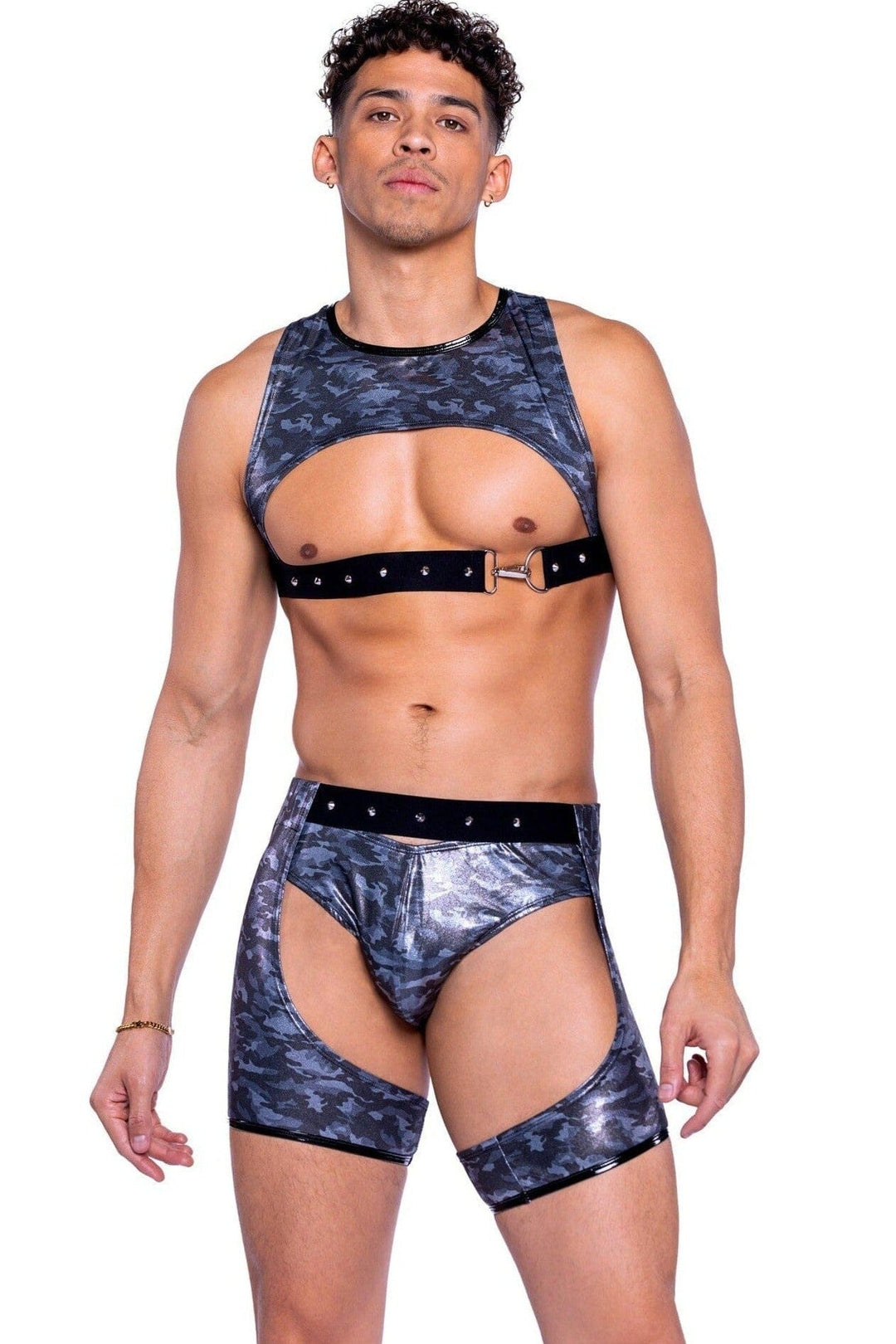 Roma Confidential Shimmer Camouflage Chaps with Stud Detail in Black  from SexyShoes.com