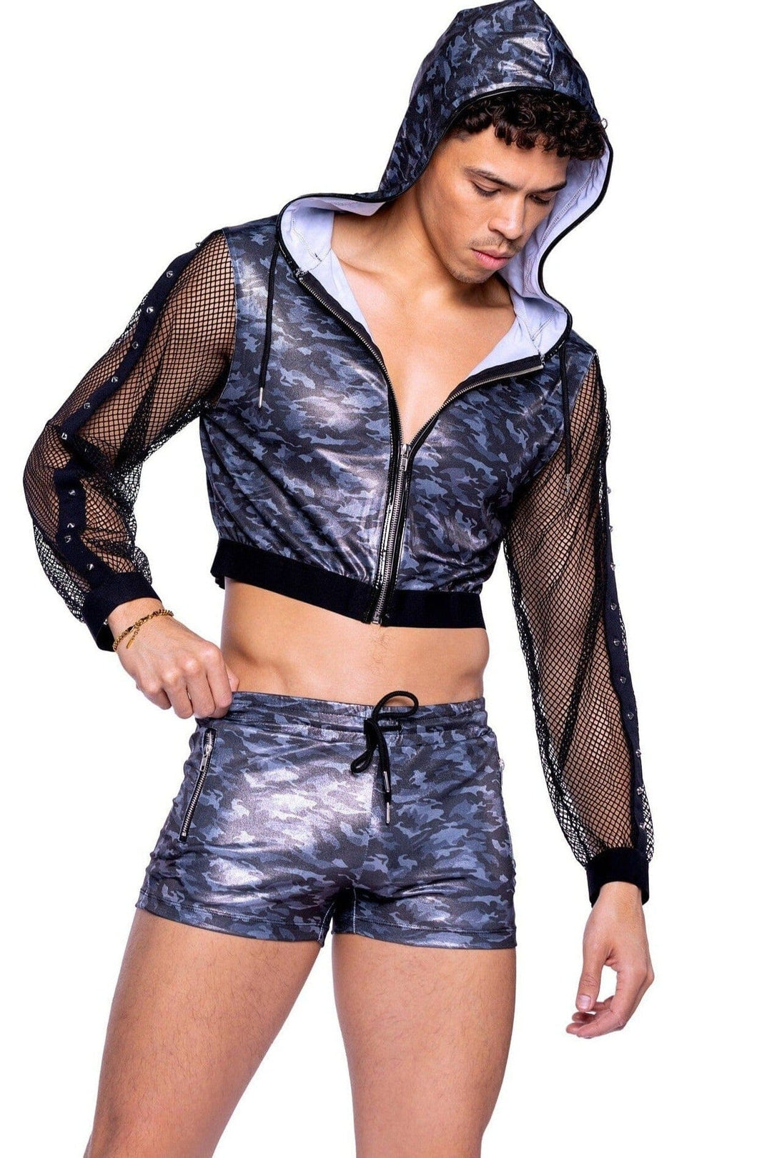 Roma Confidential Shimmer Camouflage Cropped Hooded Jacket with Fishnet Sleeves & Stud Detail in Black  from SexyShoes.com