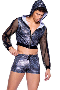 Roma Confidential Shimmer Camouflage Cropped Hooded Jacket with Fishnet Sleeves & Stud Detail in Black  from SexyShoes.com