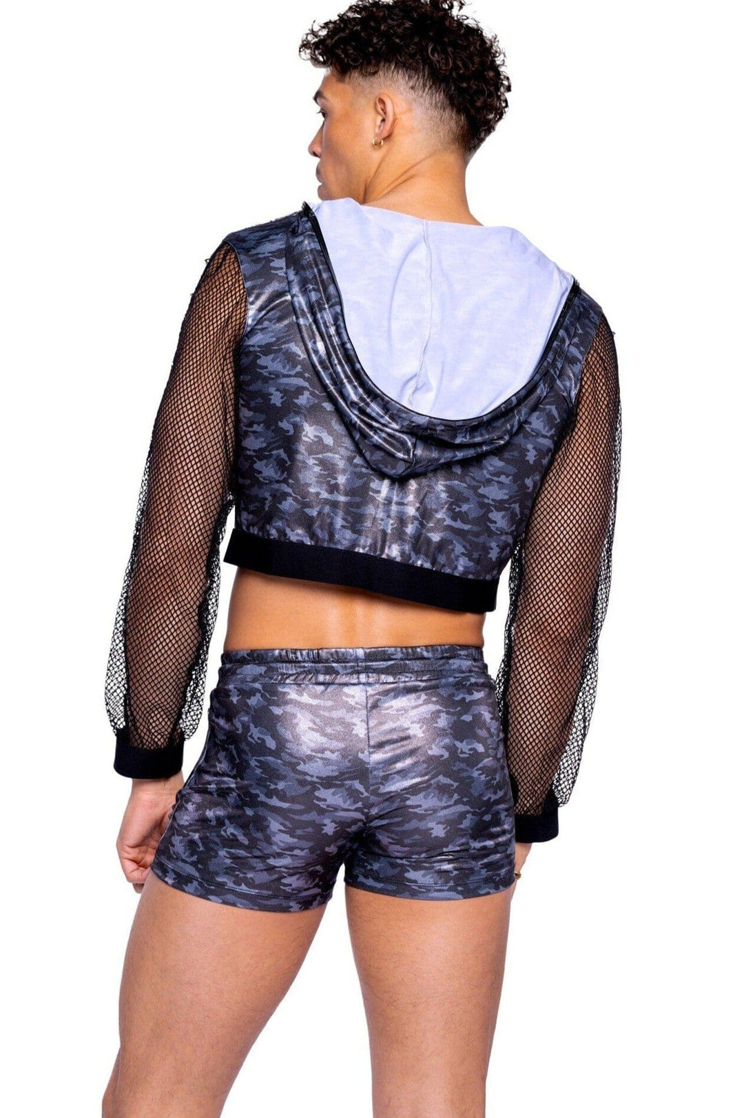 Roma Confidential Shimmer Camouflage Cropped Hooded Jacket with Fishnet Sleeves & Stud Detail in Black 