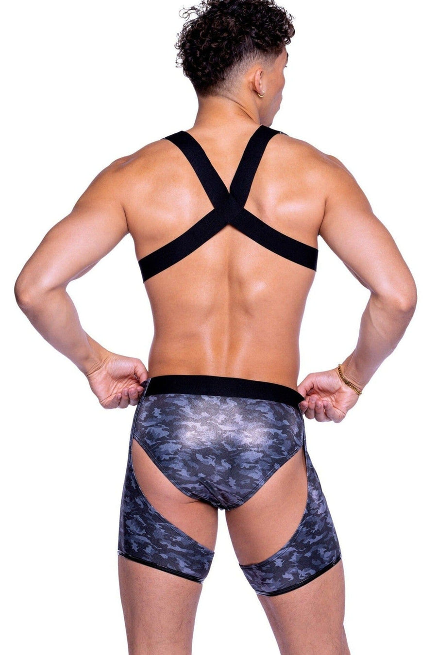 Roma Confidential Shimmer Camouflage Cropped Top with Buckle & Stud Detail in Black 