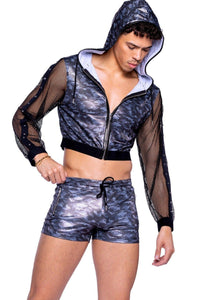 Roma Confidential Shimmer Camouflage Shorts with Zipper Pockets & Drawstrings in Black  from SexyShoes.com