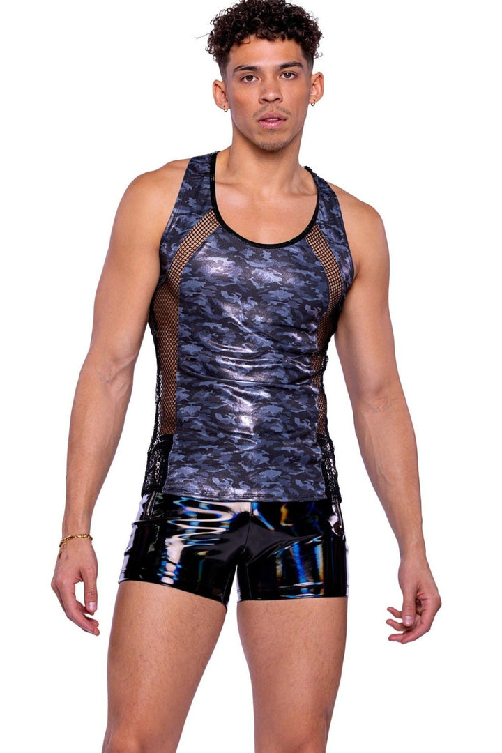 Shimmer Camouflage Tank Top with Fishnet Panels