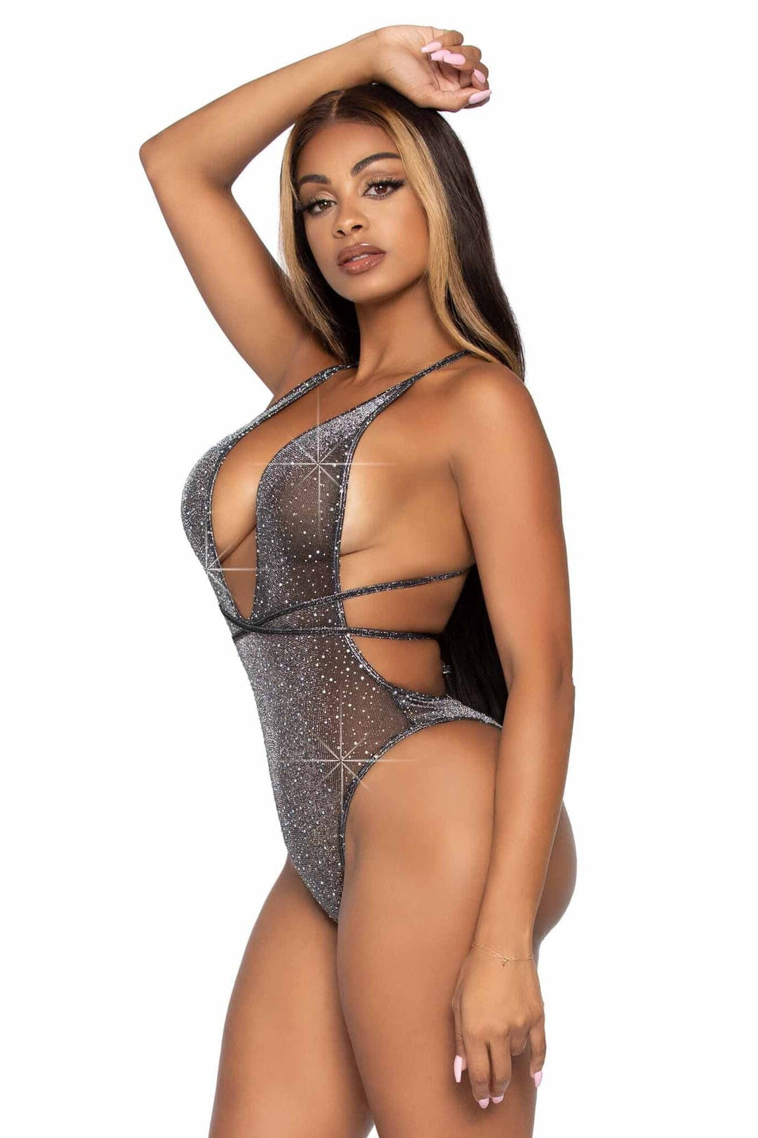 Shimmer Sheer Lurex Rhinestone Teddy With Thong Back & Convertible Wrap-Around Straps-Teddies-SEXYSHOES.COM