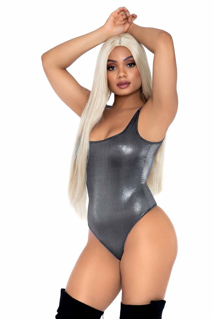 Shimmer Spandex Snap Crotch Thong Bodysuit-Bodysuits-SEXYSHOES.COM
