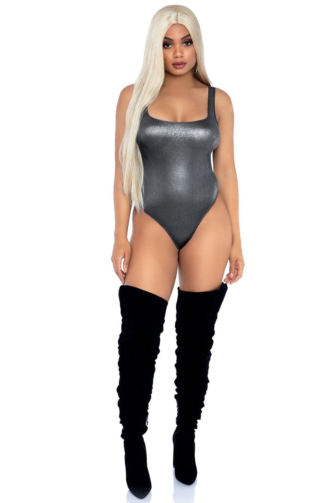 Shimmer Spandex Snap Crotch Thong Bodysuit-Bodysuits-SEXYSHOES.COM