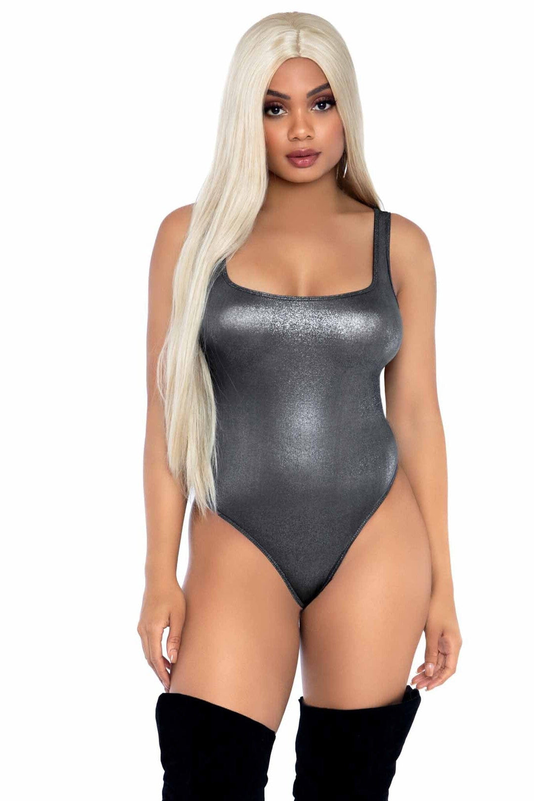 Leg Avenue Shimmer Spandex Snap Crotch Thong Bodysuit in Silver  from SexyShoes.com