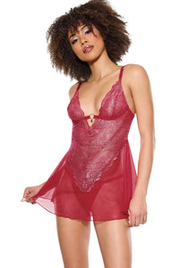 Coquette Shimmer Stretch Lace Babydoll and Thong in Red  from SexyShoes.com