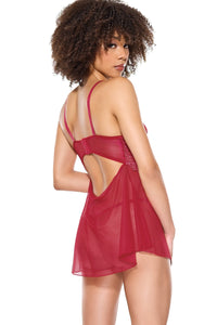 Coquette Shimmer Stretch Lace Babydoll and Thong in Red 