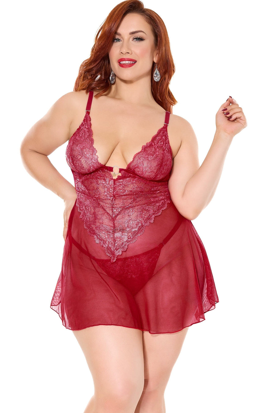 Coquette Shimmer Stretch Lace Babydoll and Thong in Red 