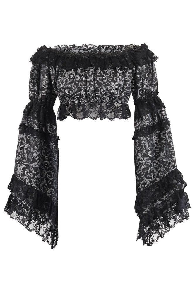 Silver/Black Brocade Smocked Flare Sleeve Peasant Top