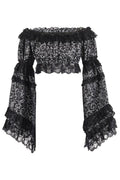Silver/Black Brocade Smocked Flare Sleeve Peasant Top