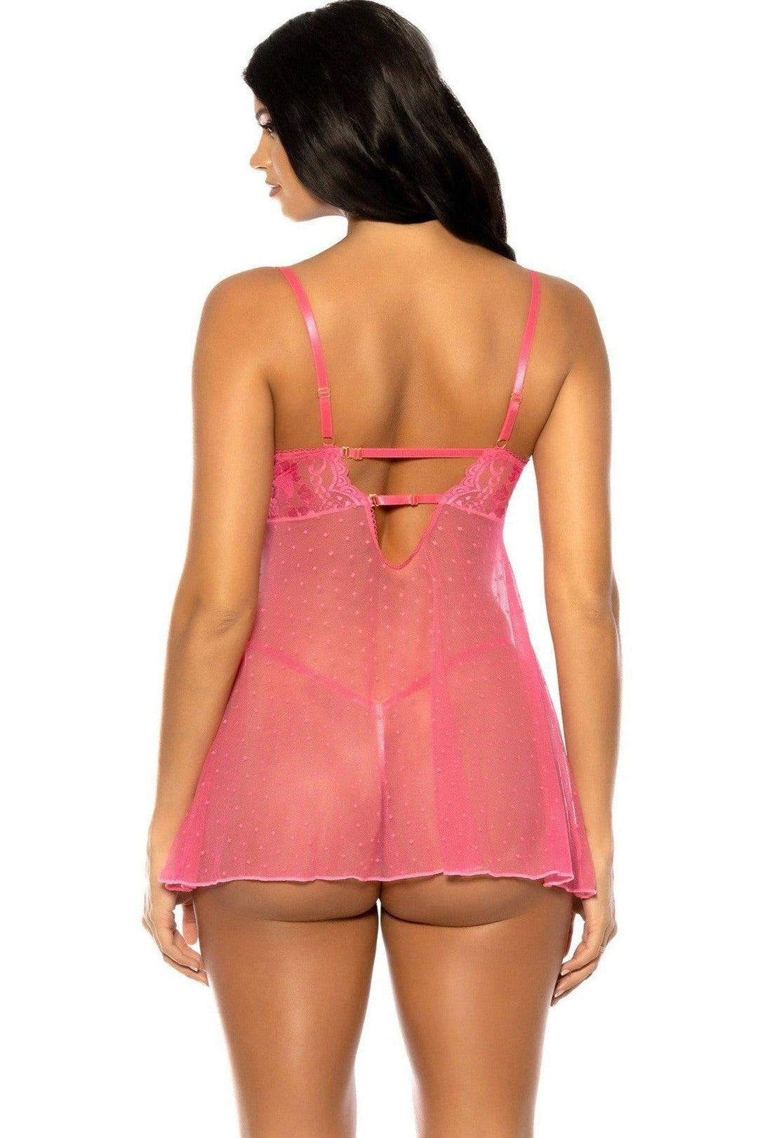 Soft Cup Lace Babydoll with Decorative Elastic Details and Matching Panty | Pink