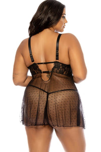 Soft Cup Lace Babydoll with Decorative Elastic Details and Matching Panty | Plus Size Black-Babydolls-SEXYSHOES.COM
