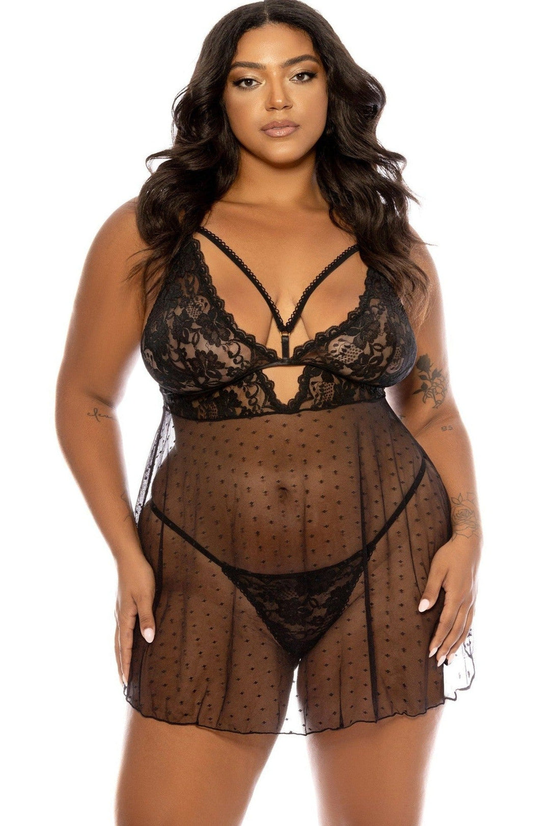 Soft Cup Lace Babydoll with Decorative Elastic Details and Matching Panty | Plus Size Black