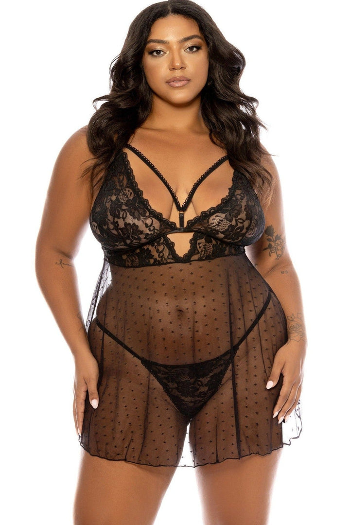 Soft Cup Lace Babydoll with Decorative Elastic Details and Matching Panty | Plus Size Black