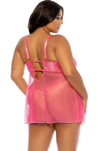 Soft Cup Lace Babydoll with Decorative Elastic Details and Matching Panty | Plus Size Pink-Babydolls-SEXYSHOES.COM