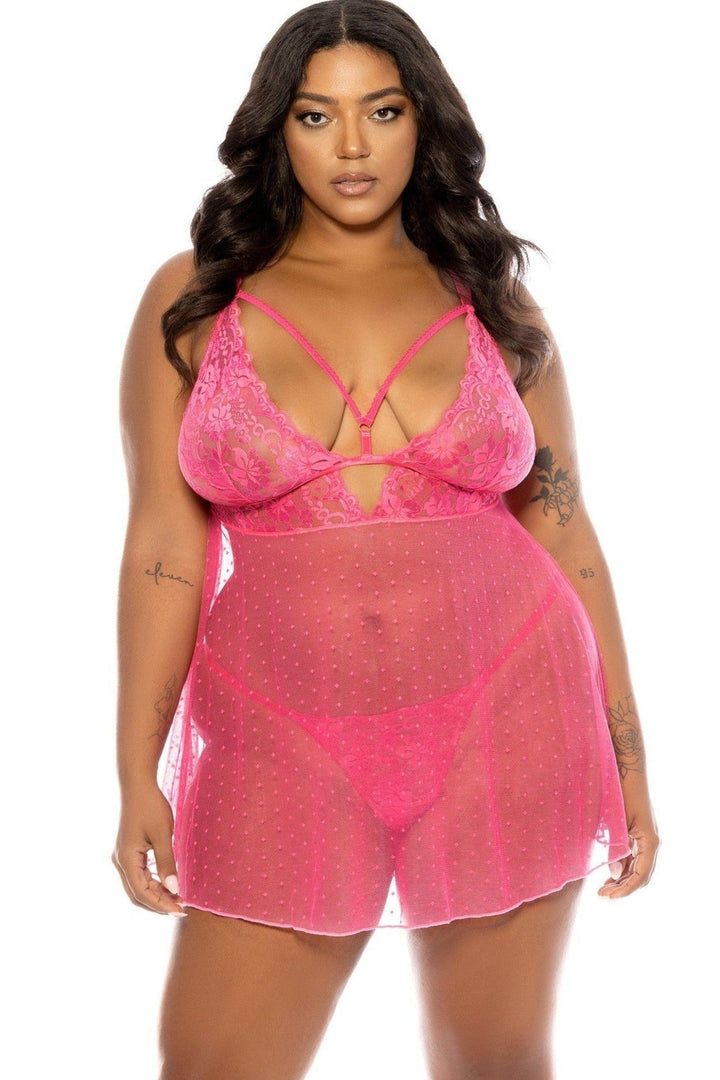 Soft Cup Lace Babydoll with Decorative Elastic Details and Matching Panty | Plus Size Pink