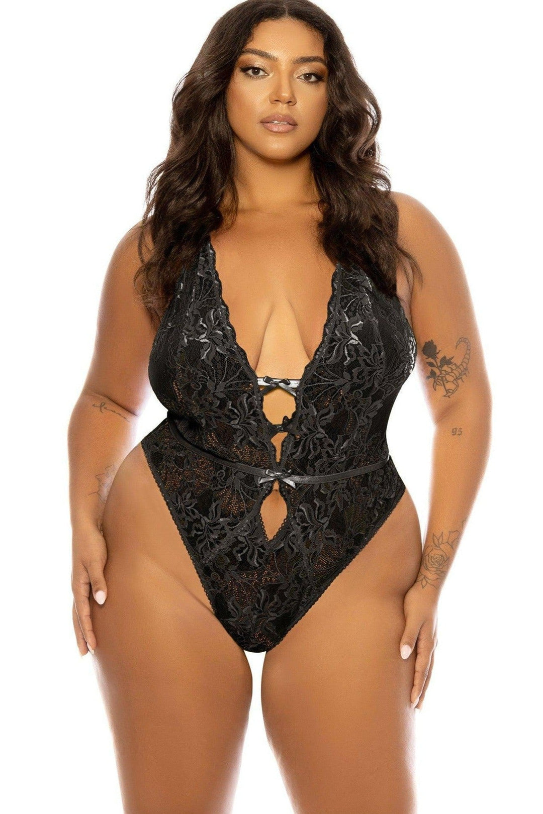 Soft Cup Lace Teddy with Open Gusset and Open Back | Plus Size Black