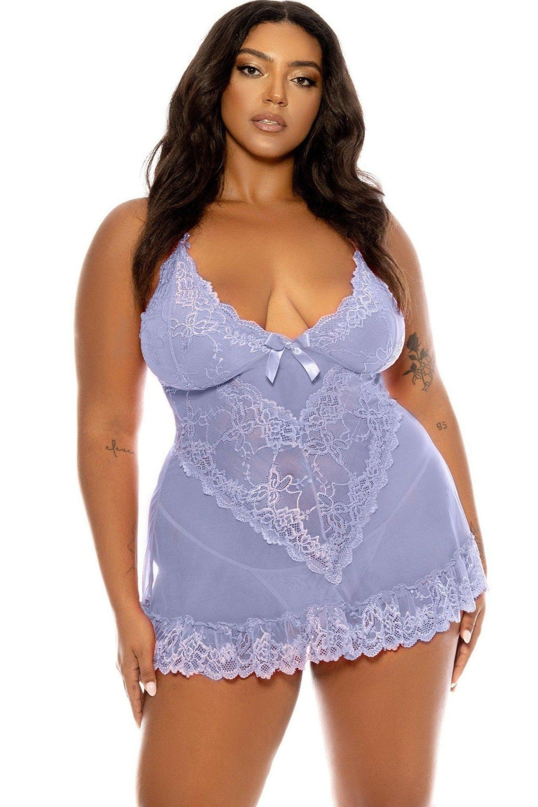 Soft Cup Lacey Babydoll with Bows and G-String | Plus Size Blue