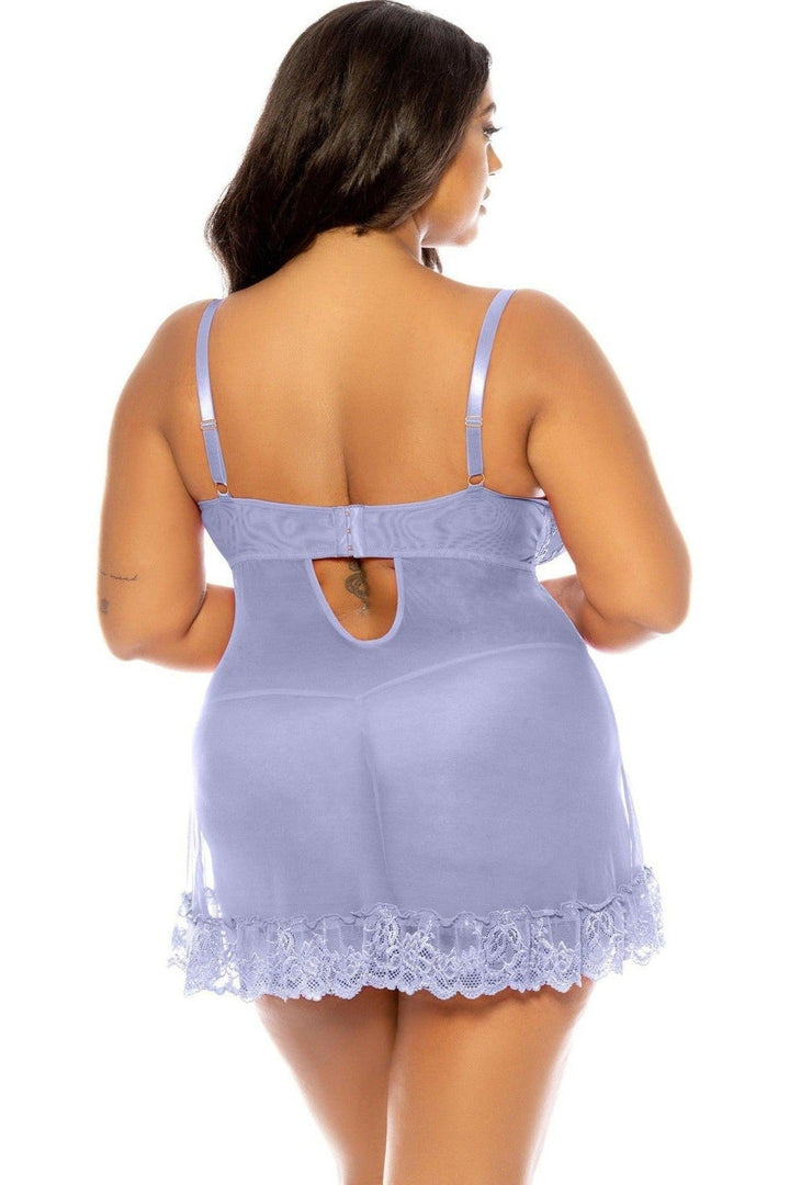 Soft Cup Lacey Babydoll with Bows and G-String | Plus Size Blue