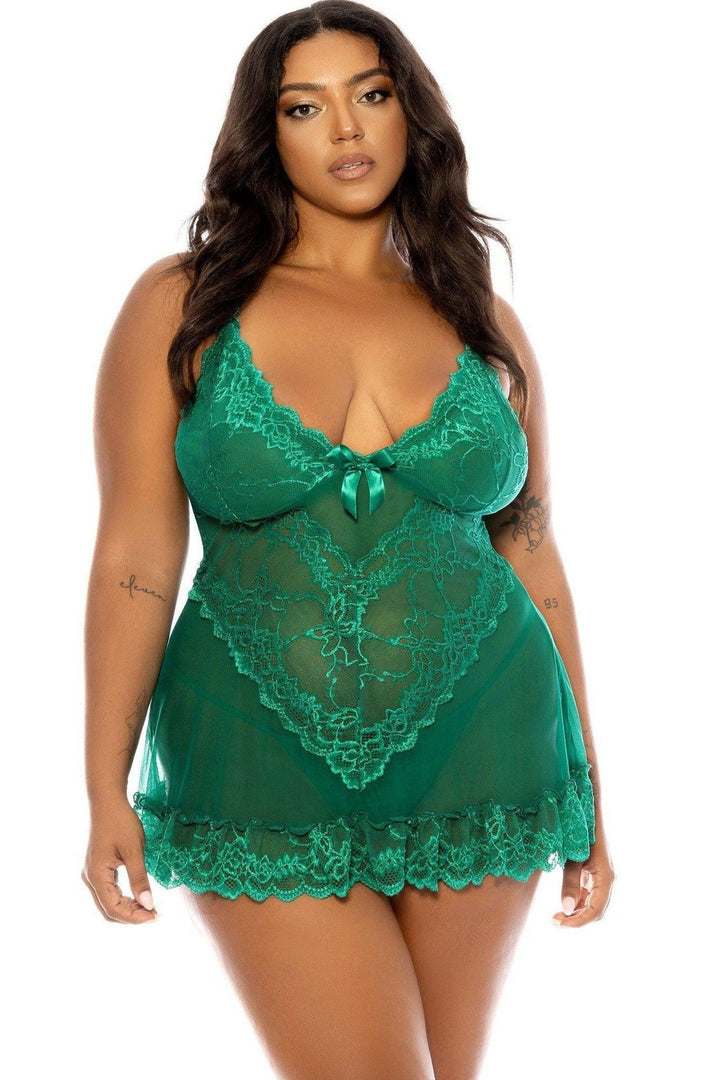 Soft Cup Lacey Babydoll with Bows and G-String | Plus Size Green